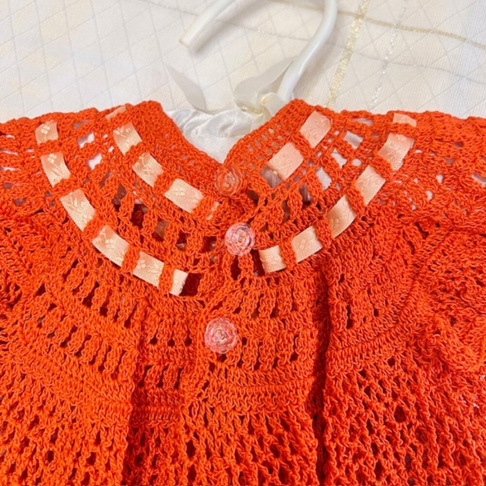 VTG Baby Girl Crochet Dress, Vintage Crochet Infant Dress Orange Baby Clothes - Picture 7 of 9